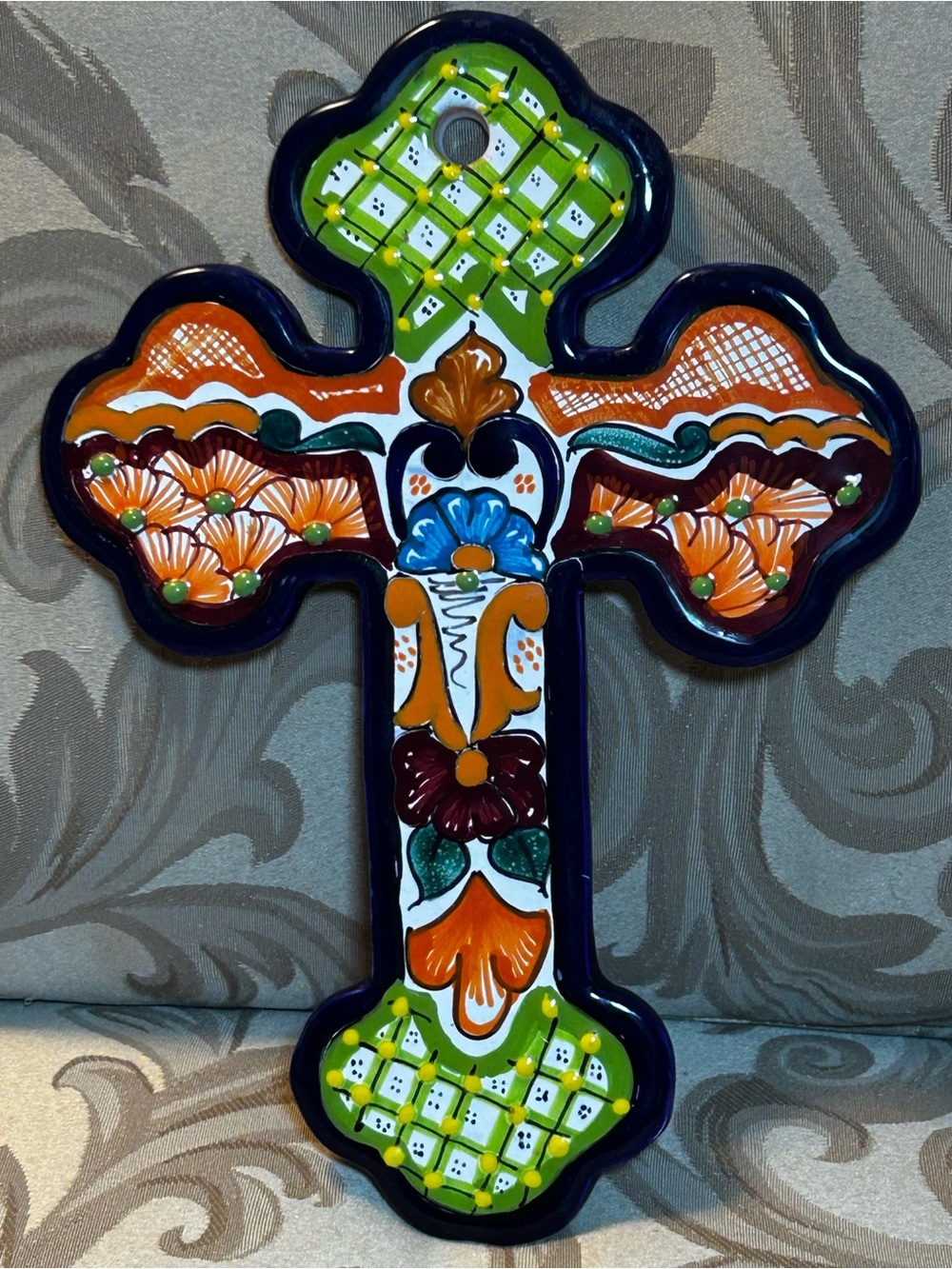 Mexican Talavera Handpainted Pottery Wall Art Cross Floral Home Decor Accent